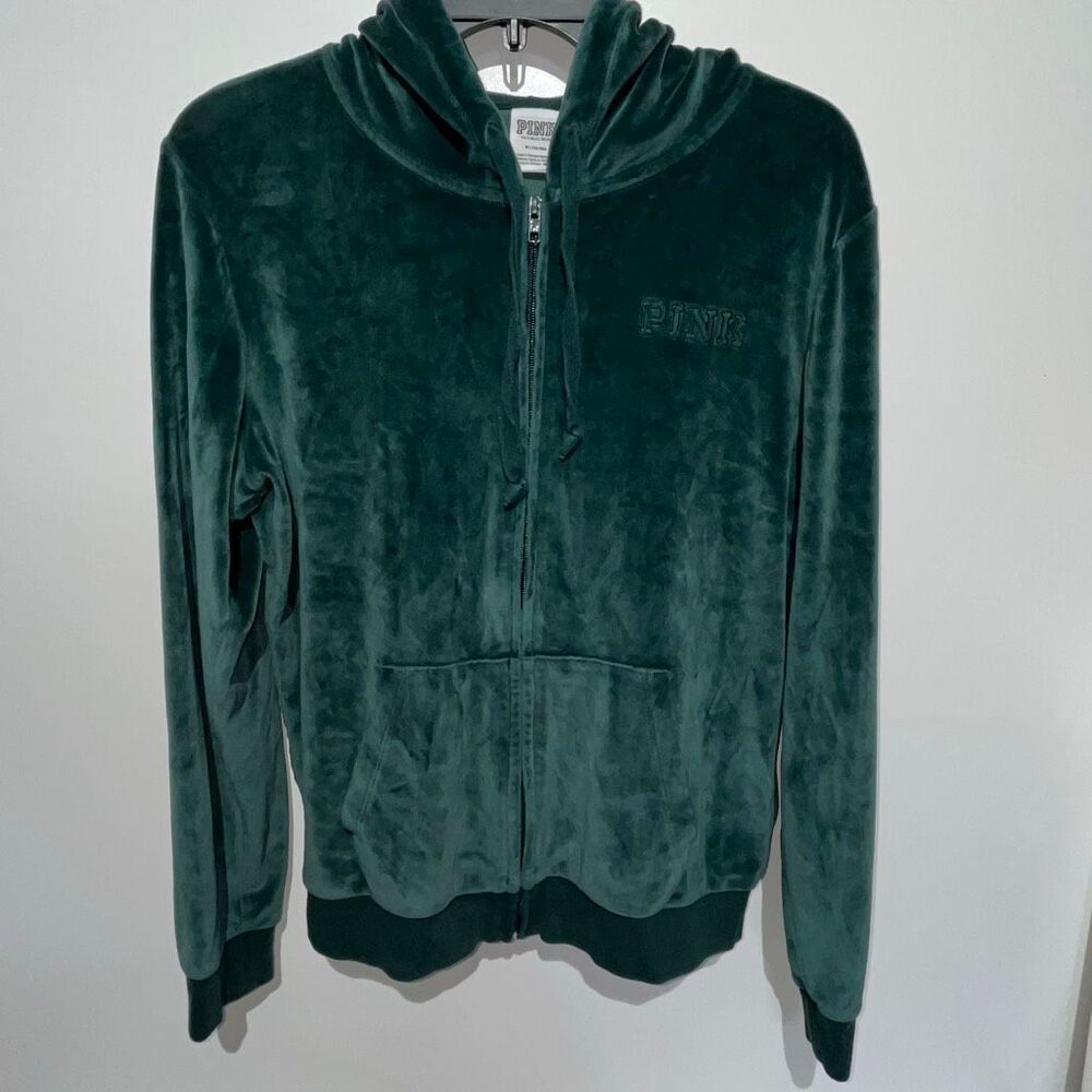 PINK Victoria's Secret Women's Green Velour Full Zip Drawstring Hoodie Medium